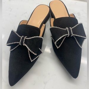 BRAND NEW Rhinestone & Bow Decor Point Toe Faux Suede Flat Mules (SHEIN)